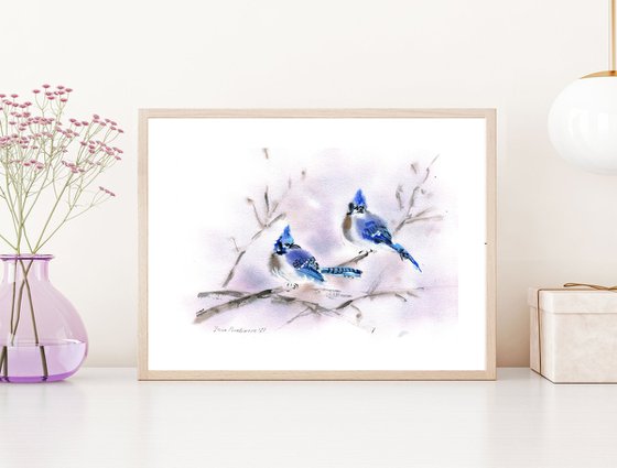 Blue jays original watercolour painting with blue birds on branch, farmhouse painting decor for home gift idea