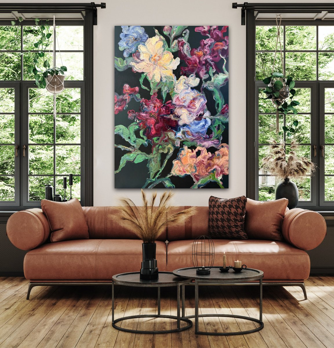 Abstract Still Life Oil Painting By Liubou Sas, 35 X 51", Flowers #3, Original Artwork