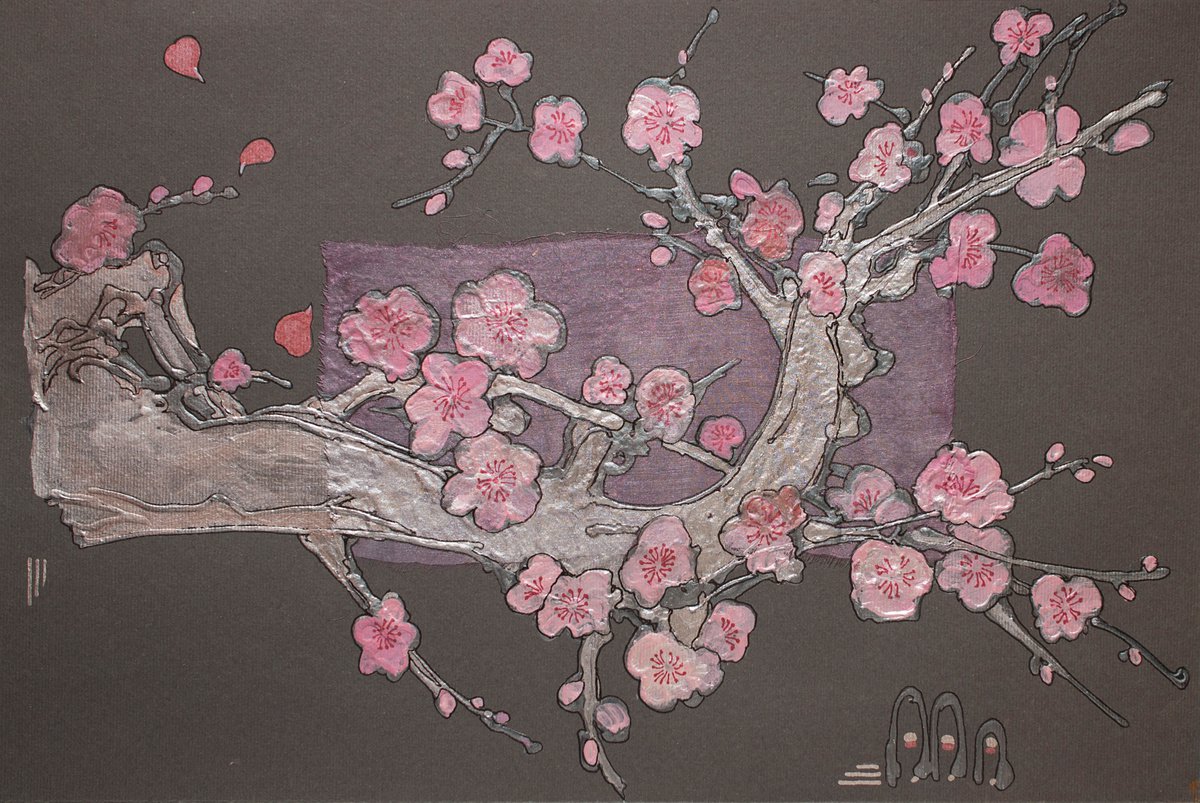 Silver sakura branch with pink blossoms on a grey sky by Vlada Lisowska