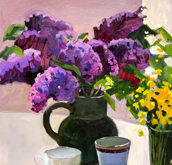 Sill Life with Lilac and yellow wildflowers