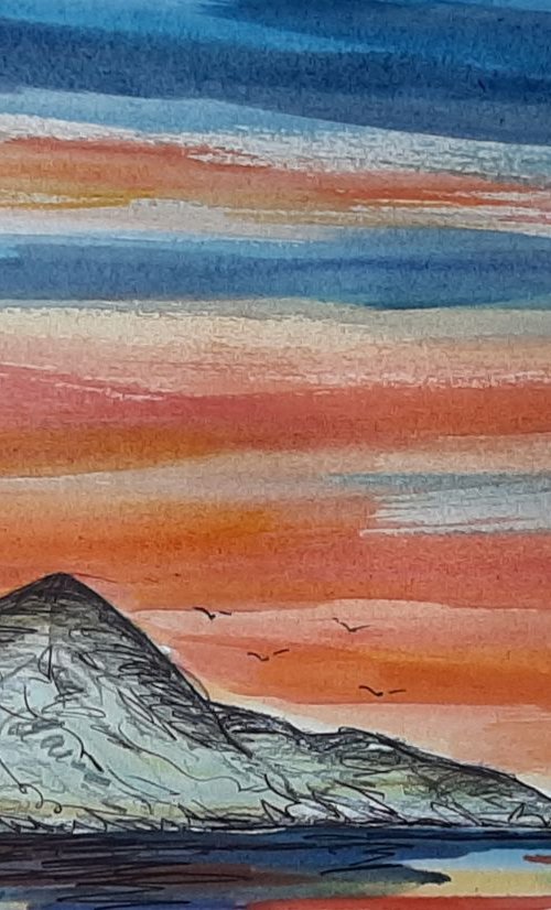 Sunset over Croagh Patrick - a watercolour and pen study by Niki Purcell