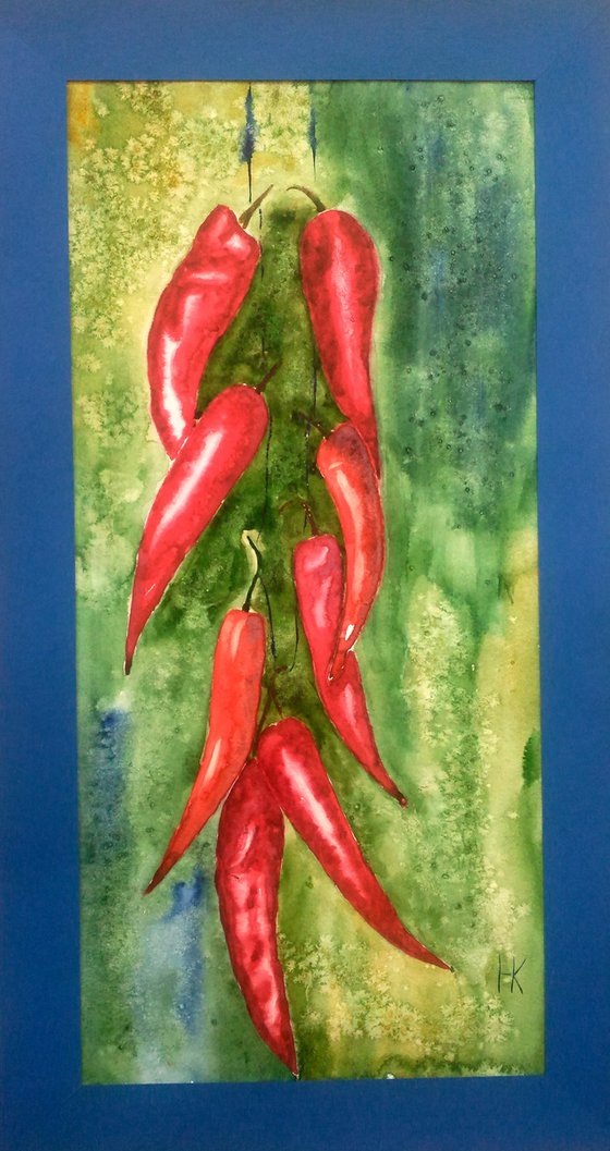 Chili Peppers Painting Food Original Art Vegetable Watercolor Artwork Home Wall Art 8 by 18" by Halyna Kirichenko