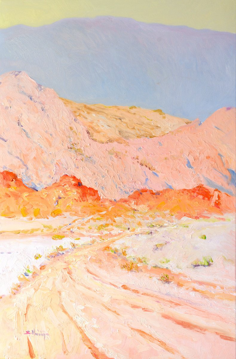 Expressive Landscape Oil Painting By Suren Nersisyan, 24 X 36", Desert Offroad, Morning, Original Artwork