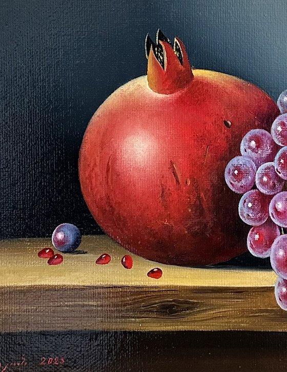 Still life with pomegranate and grape (24x30cm, oil painting, ready to hang)