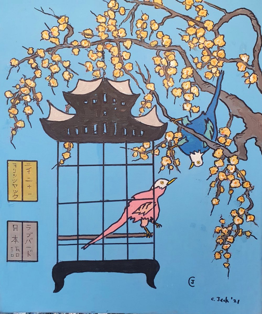 Animal Acrylic Painting By Colin Ross Jack, 20 X 24, Japanese Lovebirds, Original Artwork