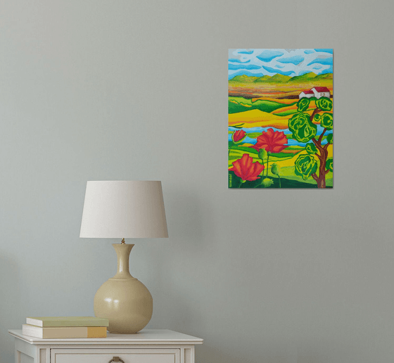 Spring country landscape with poppies