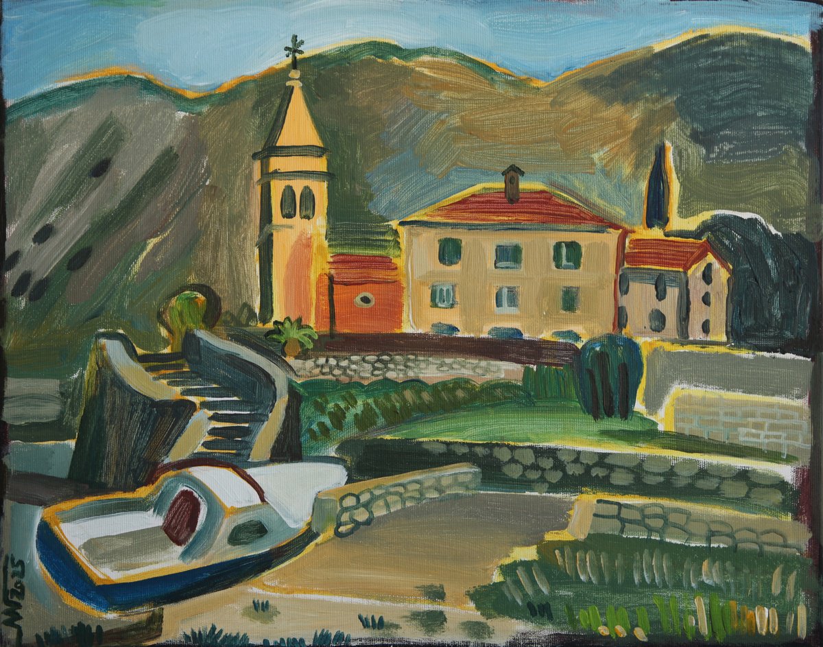 Landscape Acrylic Painting By Marina Gorkaeva, 20 X 16", Dobrota, Original Artwork