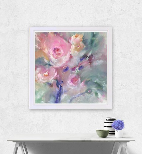 Soft Blooms No. 2 - 23x23in - Mixed Media Abstract Floral Painting by Kathy Morton Stanion, Modern Home decor, restaurant art
