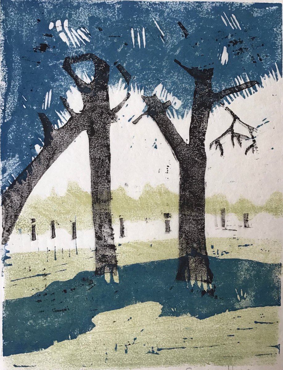 Landscape Linocut By Sandra Haney, 9 X 11", The Park, Original Artwork