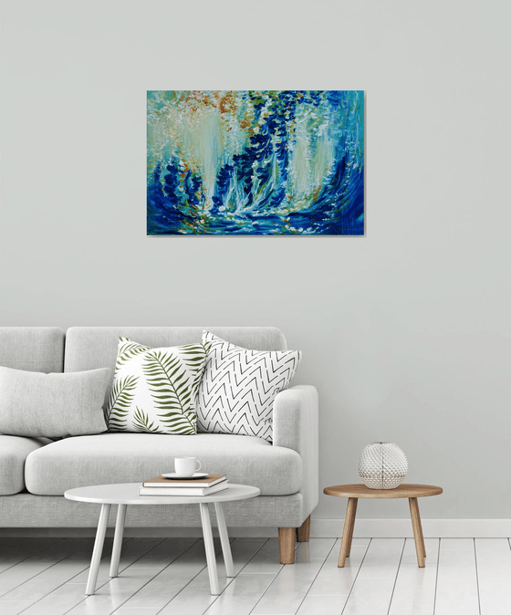 Abstract Landscape Painting "Magic Forest". Floral Abstract Tropical Flowers and Birds. Original Blue Teal Green Painting on Canvas. Modern Impressionism Art