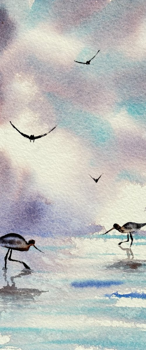 Seascape Wild birds Sunset by Yuliia Sharapova