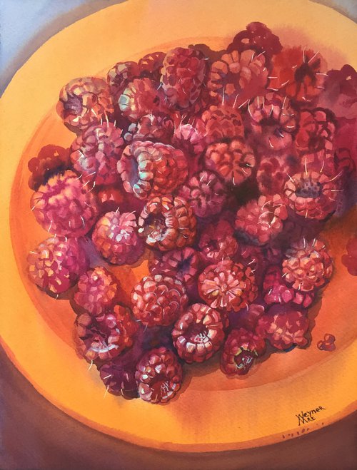 Still life with juicy raspberries. Painting with berries. by Natalia Veyner
