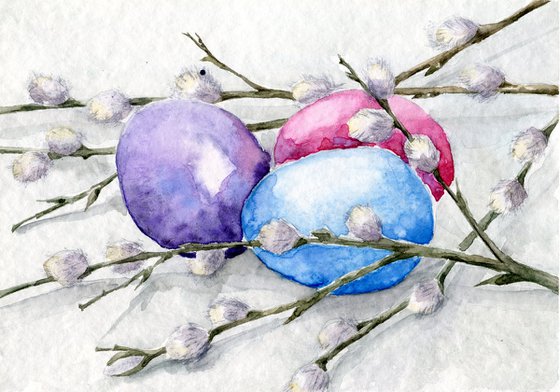 Easter. Spring still life with pussy willow branches and painted eggs. Original watercolor artwork.