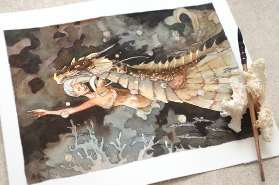 Mermaid and Water Dragon, Fantasy in watercolor