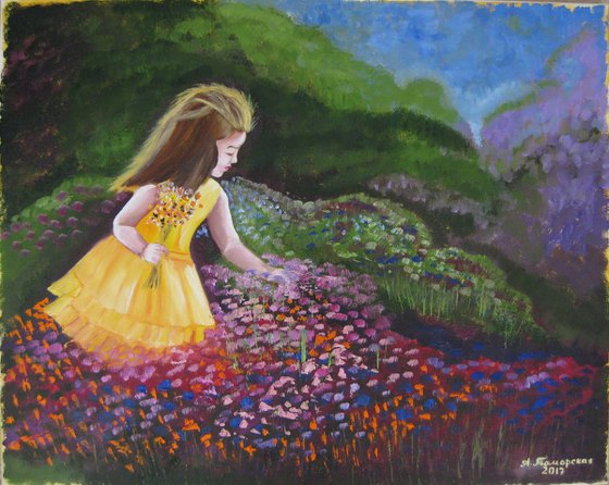 A Girl on the Blossoming Meadow. Original Oil Painting on Canvas. 16" x 20". 40,6 х 50,8 cm.