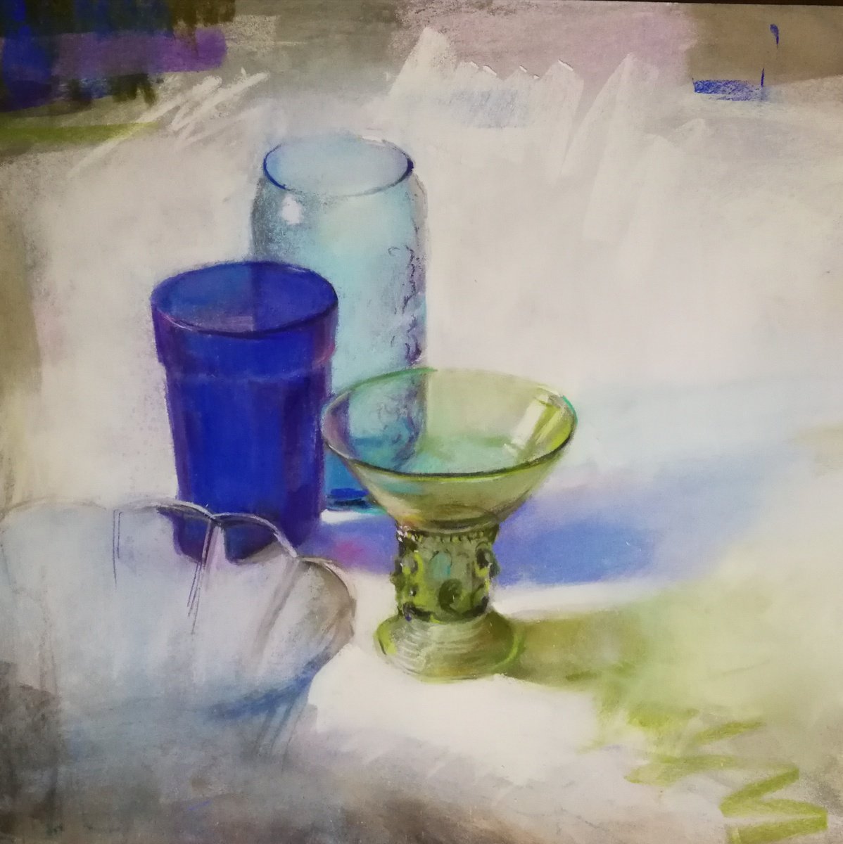 Still Life Pastel Drawing By Silja Salmistu, 16 X 16", Blue, Green And Fragile, Original Artwork