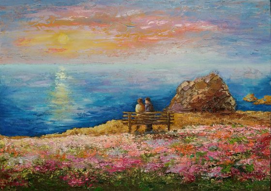 Seascape Spring in Opal Cliffs, 70×50 cm, original art, FREE SHIPPING / sunset / lovers / sea / blossoming