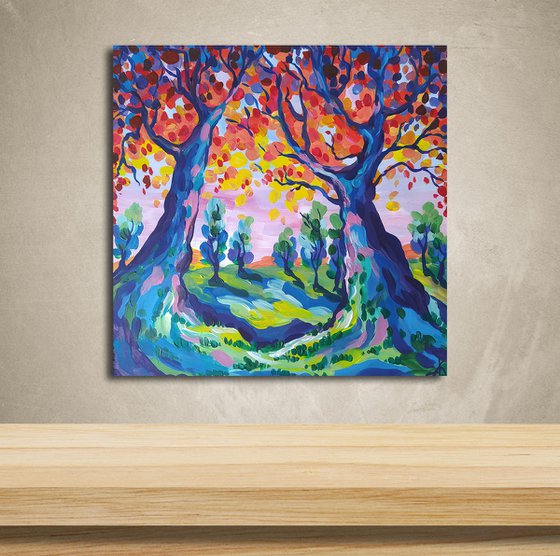 Walk among the trees - acrylic, flowers, landscape, trees, forest, painting, trees acrylic painting,  painting, landscape painting