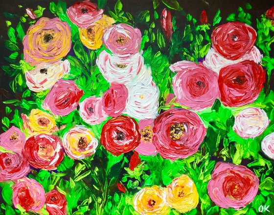 WHITE PINK YELLOW RED  ROSES IN A GARDEN palette knife modern still life  flowers office home decor gift