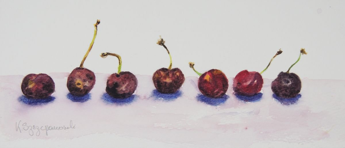 Rotten cherries in a line by Krystyna Szczepanowski