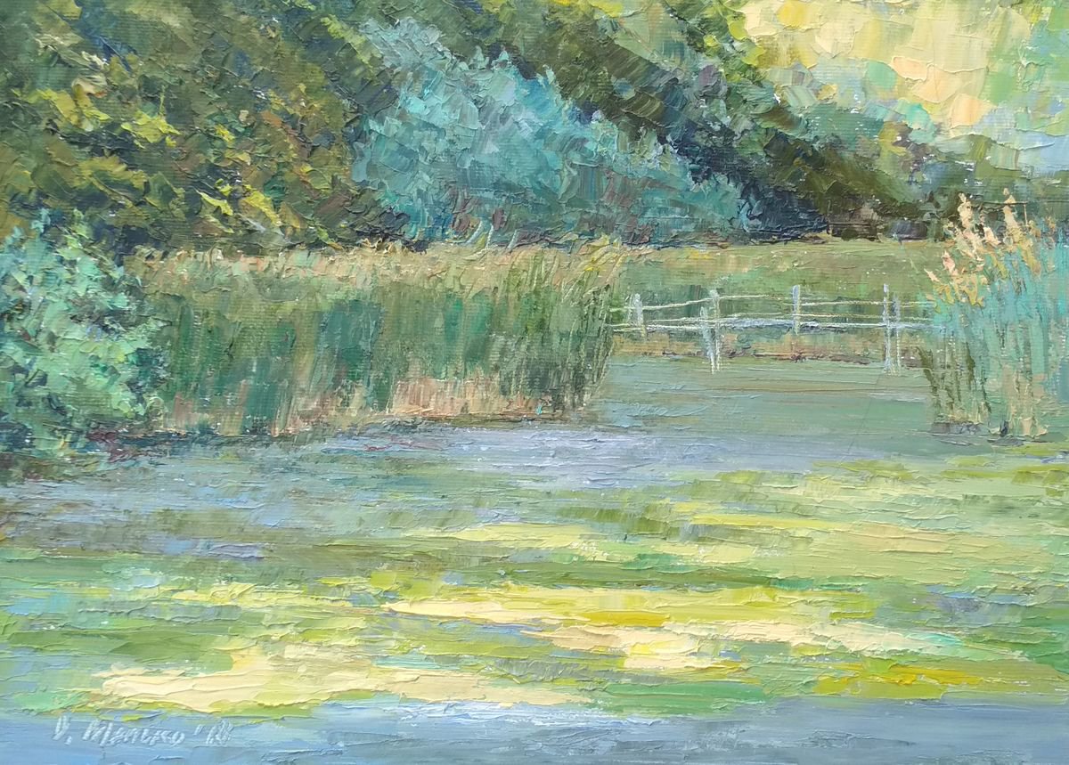 Green pond / Summer green landscape Forest painting by Olha Malko