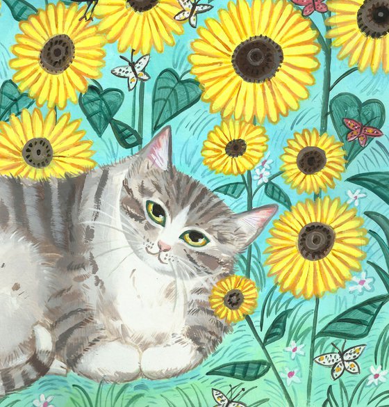 Tabby with Sunflowers