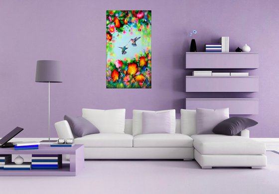 "Hummingbirds and Flowers" LARGE Abstract painting