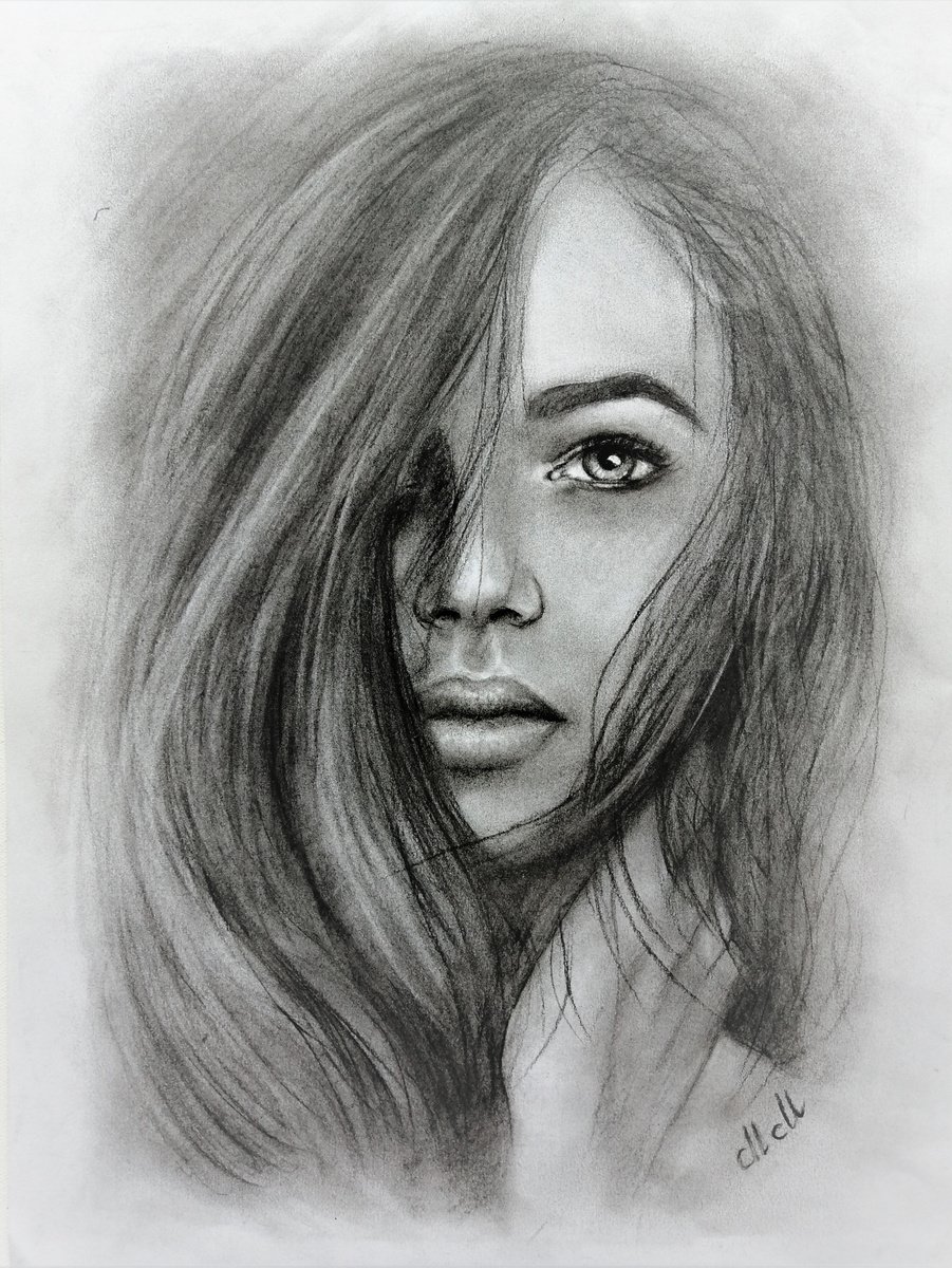 Beautiful woman - original charcoal portrait drawing by Mateja Marinko