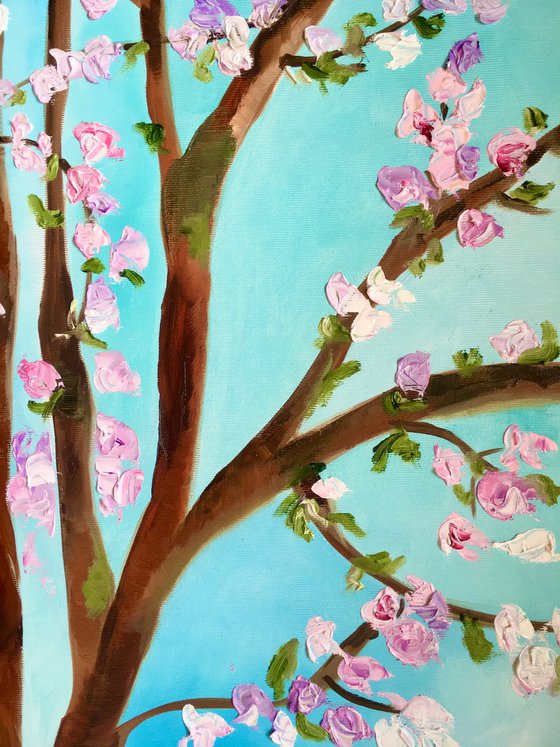 Apple blossom , spring in London white, pink, turquoise 81 x 61 cm  ready to hang oil painting