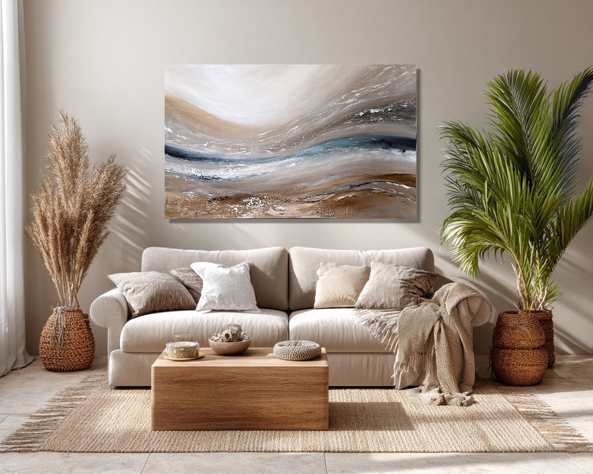 Expressive Abstract Acrylic Painting By Tatiana Malinovscaia, 39 X 24", Soft Tide Awakening, Original Artwork