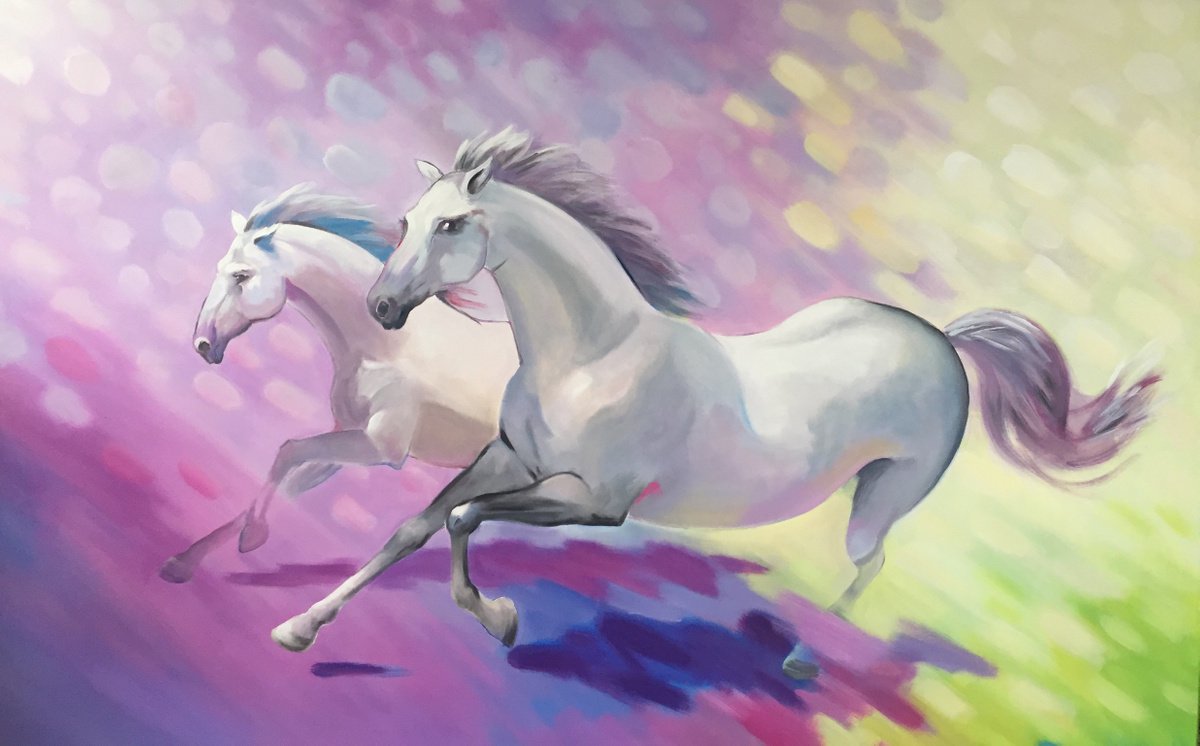 Animal Acrylic Painting By Alexander Mikhalchyk, 71 X 47, Horses., Original Artwork