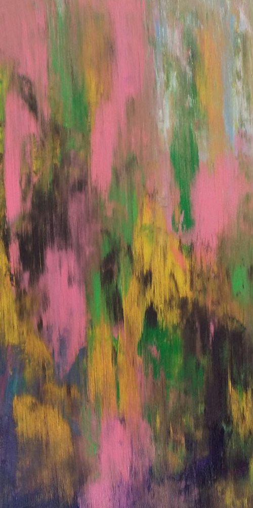 Abstraction Summer memories, original oil painting, 60×50 cm, FREE SHIPPING / yellow / pink / brown / green by Larissa Uvarova