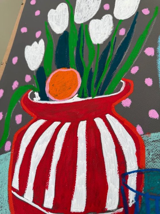 Tulips, Fruit and a Blue Visitor