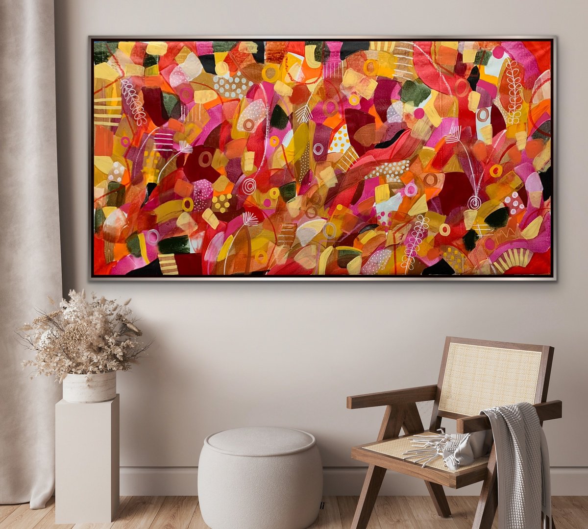 Organic Abstract Acrylic Painting By Rashna Hackett, 72 X 38", Love Burst, Original Artwork