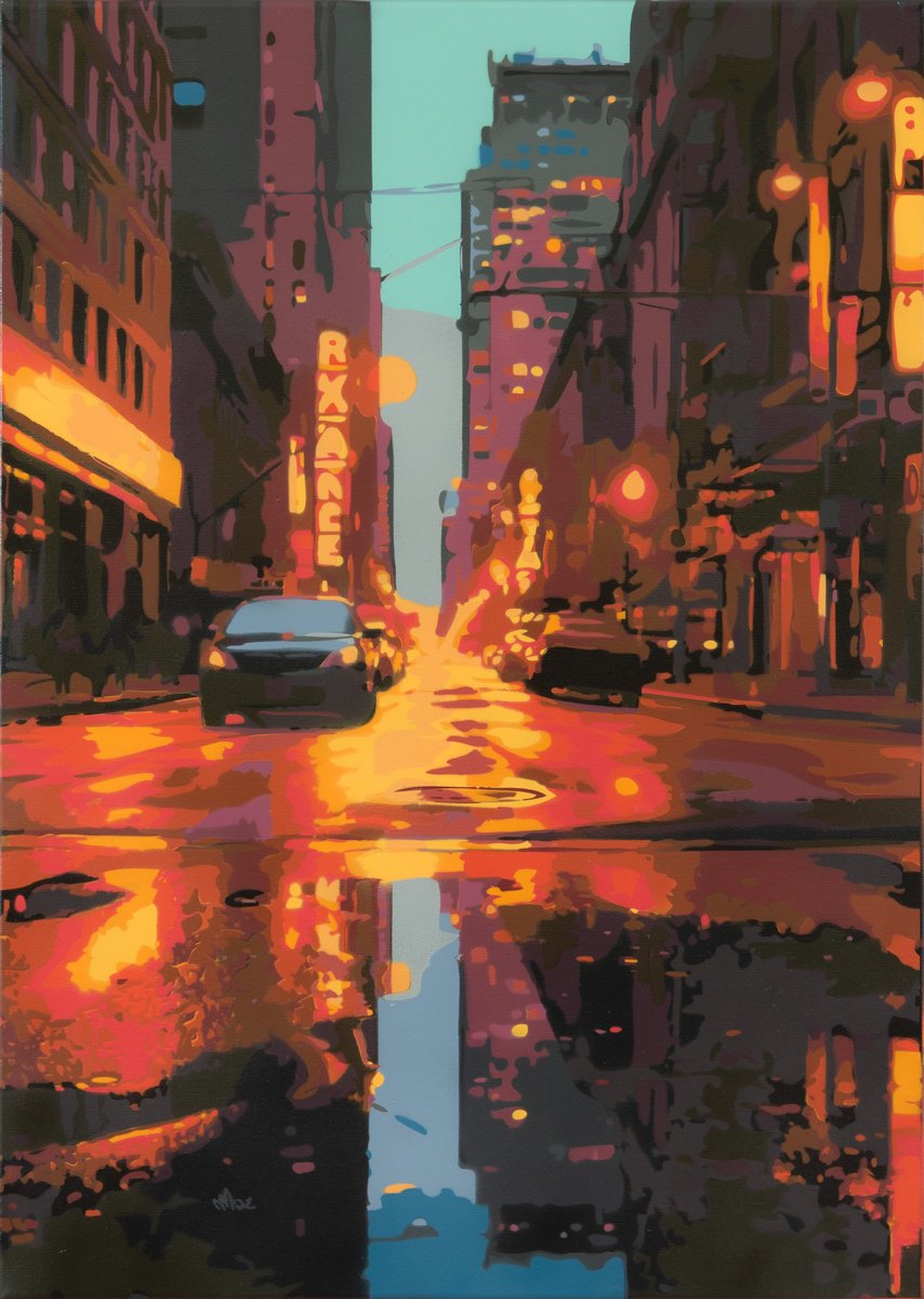 Impressionistic Cityscapes Painting By Marco Barberio, 20 X 28", New York City Rain #5, Original Artwork