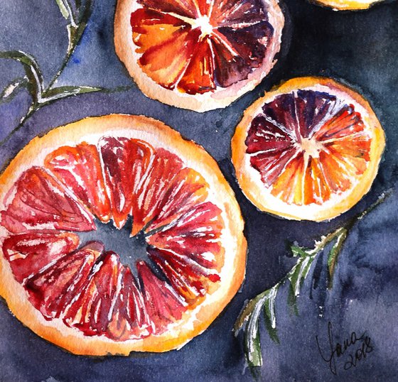 Citrus ORIGINAL Watercolor Painting - Red Oranges Aquarelle