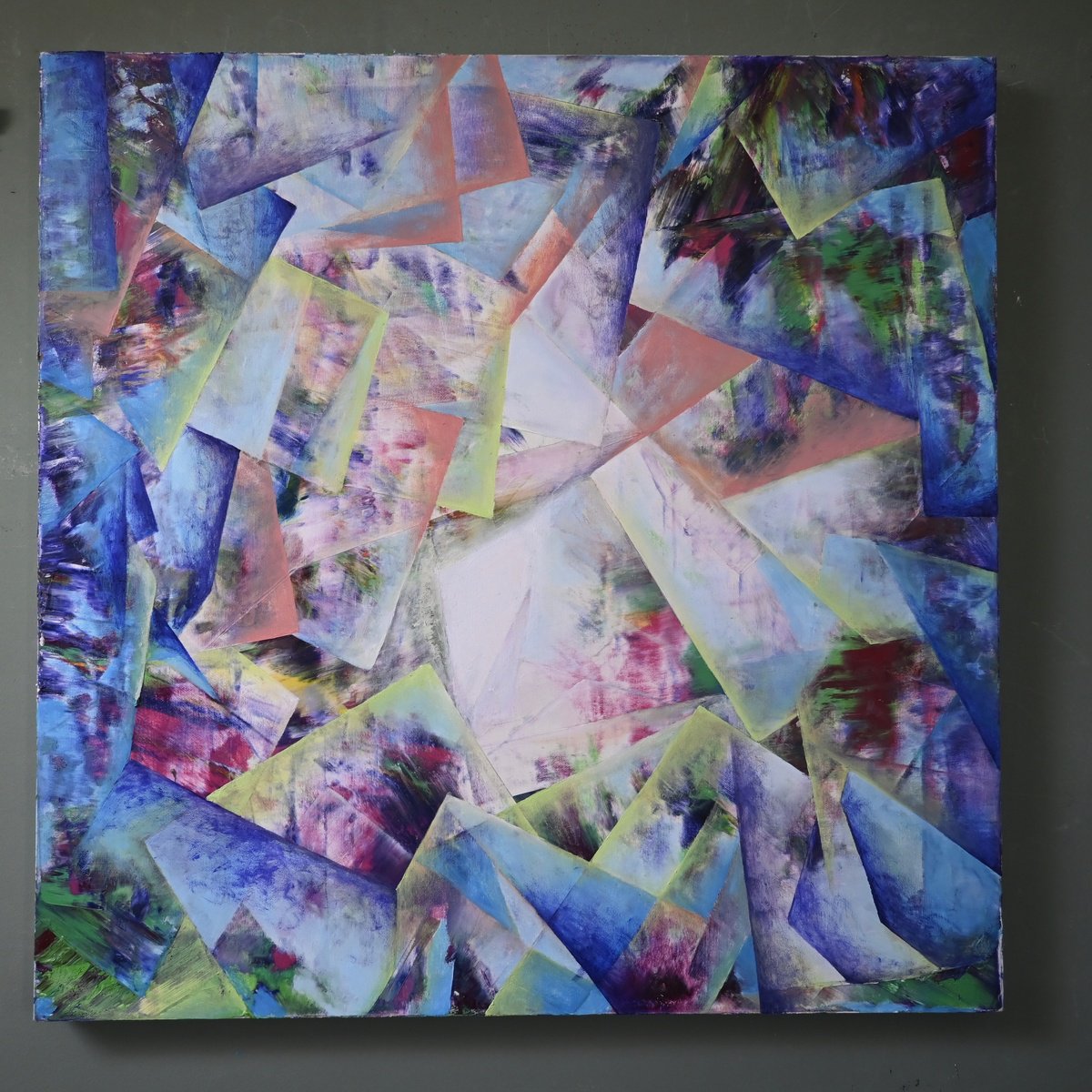 Geometric Abstract Oil Painting By Giuseppe Pastore, 31 X 31, Escape From Reality, Original Artwork