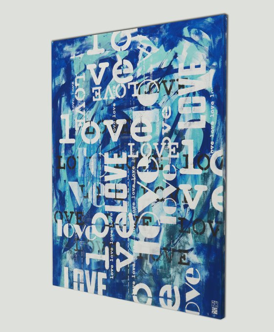 LOVE in blue - love letters - Typographic artwork - 90x115 cm - Ronald Hunter - 13D