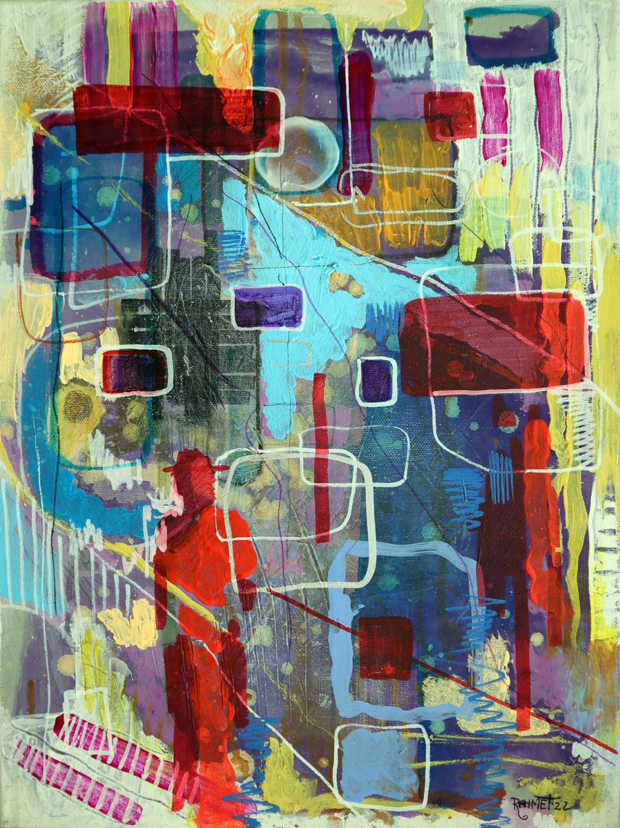 Expressive Abstract Acrylic Painting By Rakhmet Redzhepov, 12 X 16", City Lights., Original Artwork