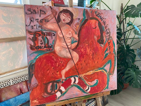 Nude Woman Naive Modern Art, canvas, oil - WARRIOR - 28x32in (80*75) cm