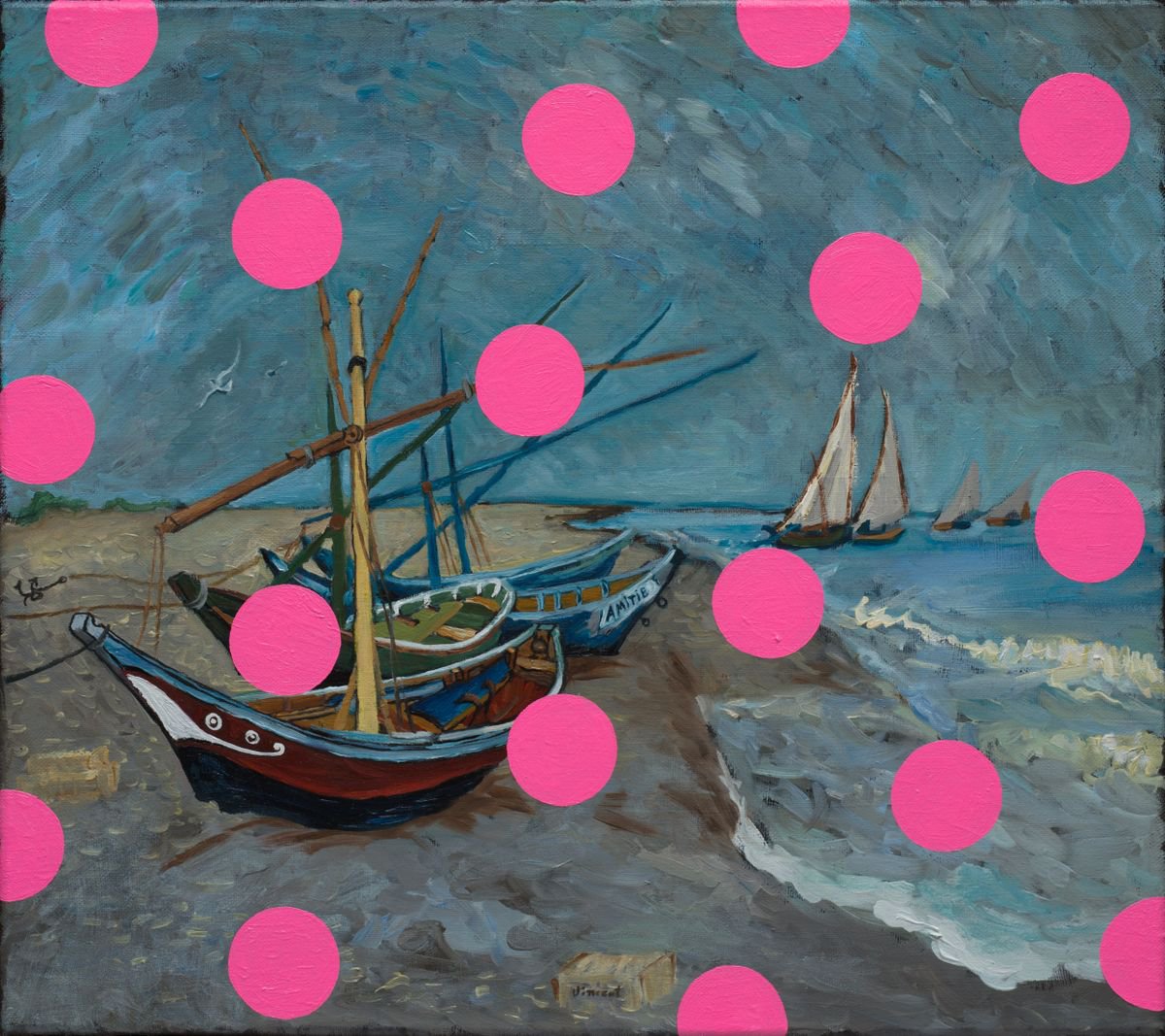 Fishing Boats with Pink Circles by Oleksandr Balbyshev