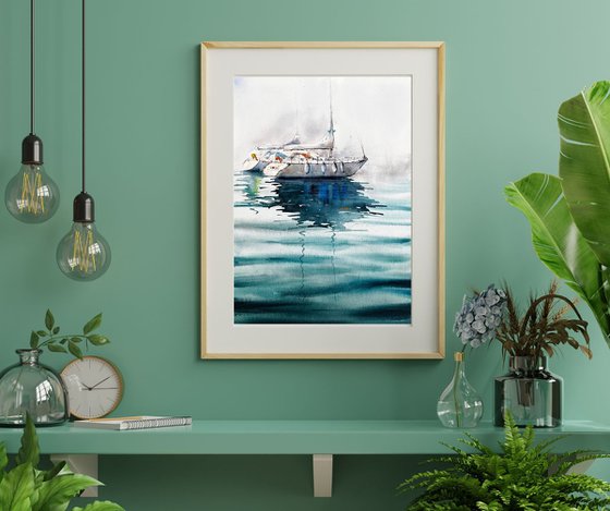 HARBOUR CITYSHAPE /BOATS WATERCOLOR PAINTING, Hoorn YACHTS WATERCOLOR PAINTING