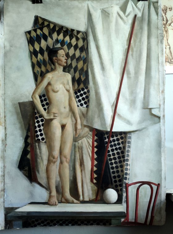 Nude with a spear and a sphere.