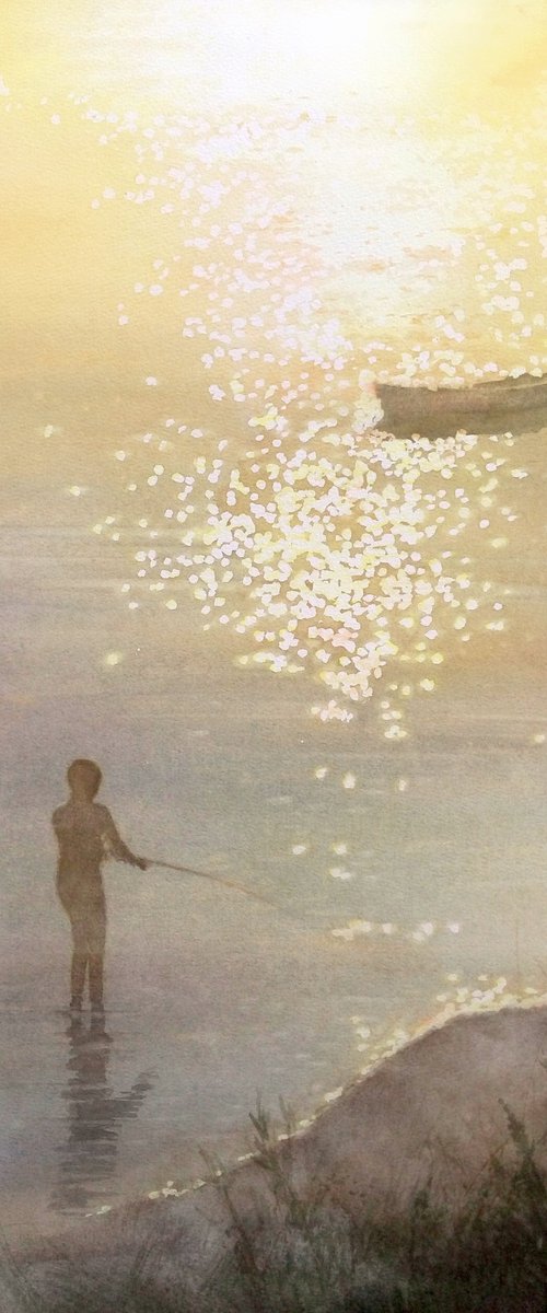 Gone Fishing - Boy Fisher Rod by Olga Beliaeva Watercolour