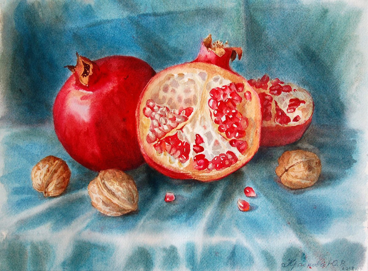 Photorealistic Still Life Watercolour By Yulia Krasnov, 14 X 10", Pomegranates And Nuts, Original Artwork