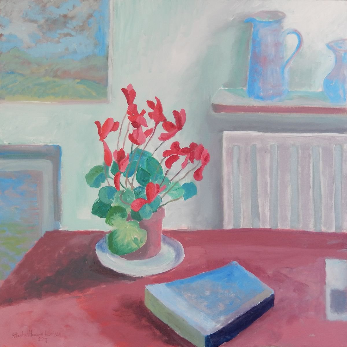 Impressionistic Still Life Oil Painting By Stephen Howard Harrison, 28 X 28", Cyclamen In July, Original Artwork