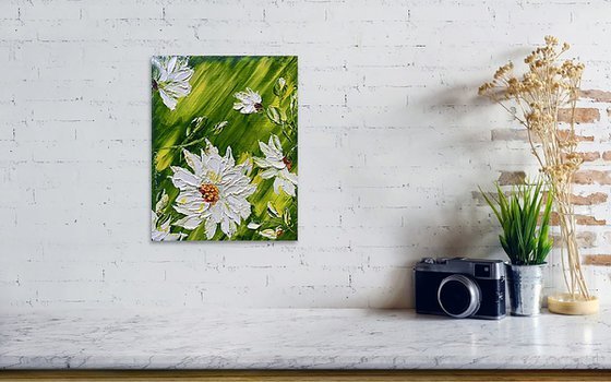 MACRO CHAMOMILE - White chamomile. 3d flowers. Three-dimensional painting.  A big flower. White color. Petals. Greens. Flowers. Grass. Field.