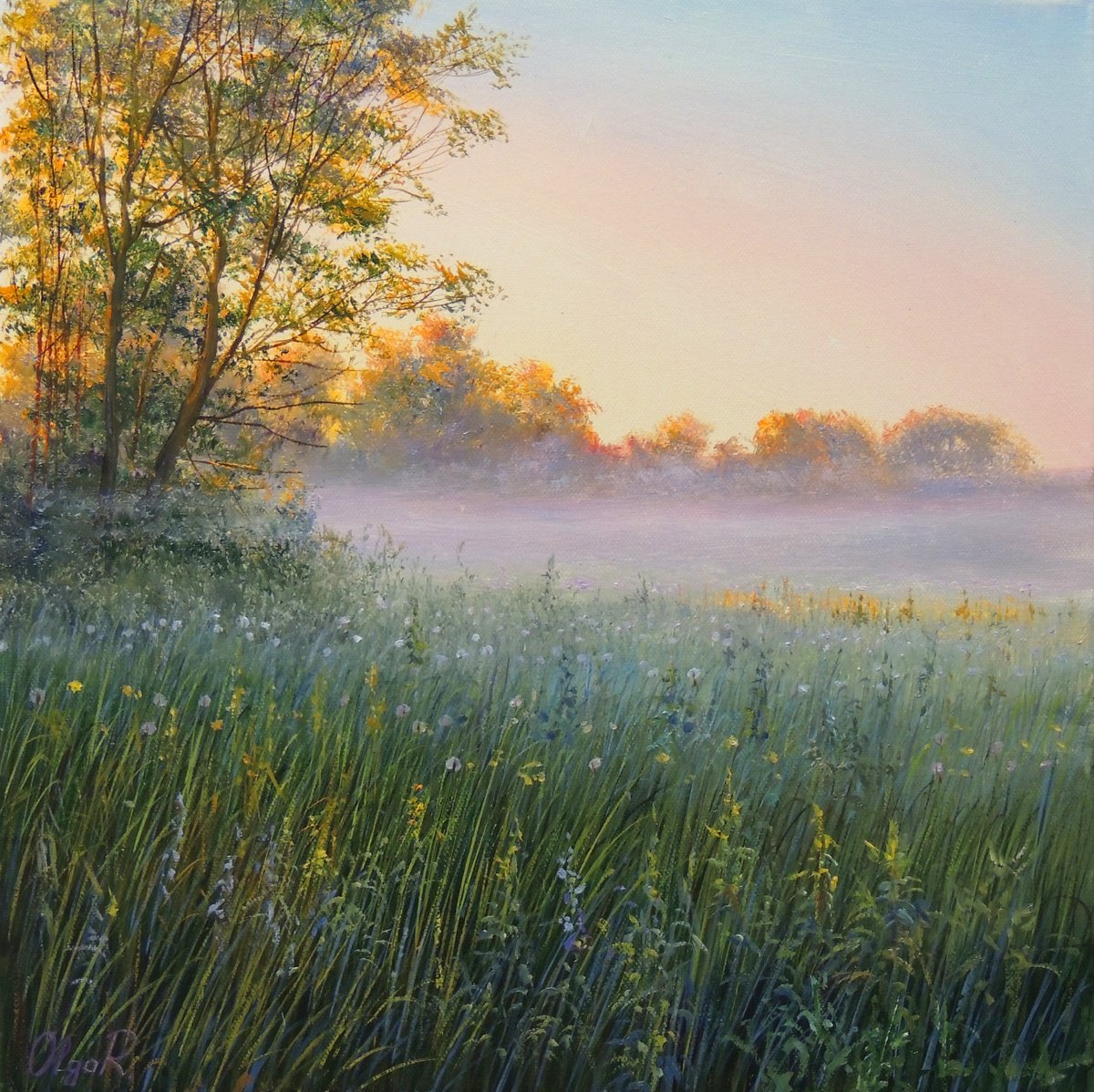 Impressionistic Landscape Oil Painting By Olga Riabchuk, 16 X 16", Fog Over The Meadow, Original Artwork