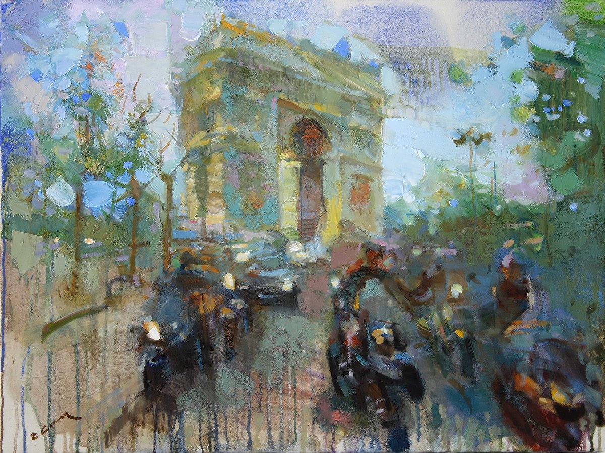 Expressive Cityscapes Oil Painting By Eugene Segal, 31 X 24, Triumphal Arch, Original Artwork