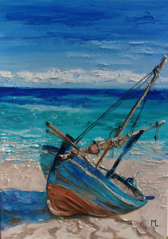 " RELAX IN BLUE " SHIP BOAT SAIL original painting palette knife GIFT MODERN URBAN ART OFFICE ART DECOR HOME DECOR GIFT IDEA